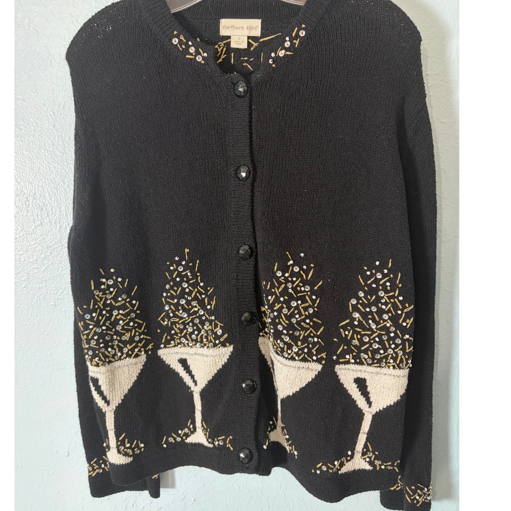 Northern Isles Womens Large Black Martini Glass Beaded Cardigan Sweater Holiday